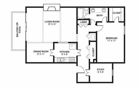 Floor plan for 1 bed, 1 bath, 1135 sqft